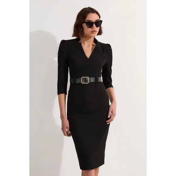 Karen Millen US 10/UK 14 Black Structured Crepe Pencil Midi Dress Career - Picture 1 of 11